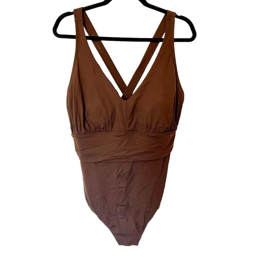 Lands End Cross back V neck Chocolate Brown Swimsuit SZ22​